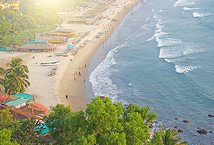 Aerial view of Arambol Beach, Goa with sand, shacks, and waves