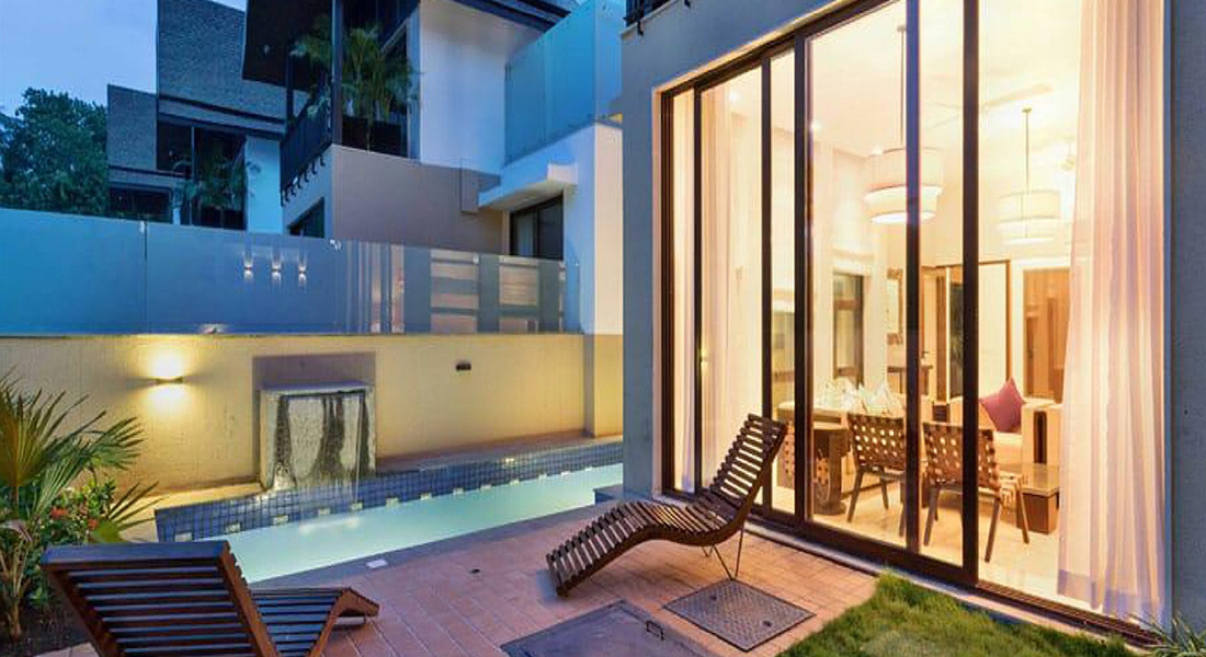 Luxury Goa villa with private swimming pool and outdoor lounge seating area