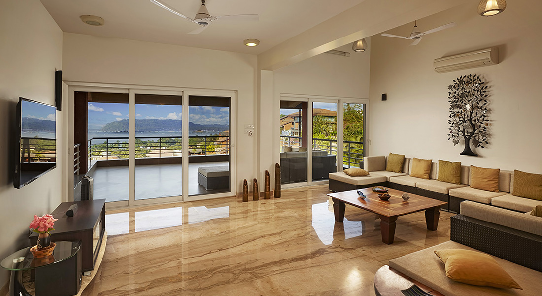 Luxury beach villa living room in Goa with sea view