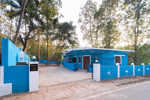 Blue house with a yard in a forested area