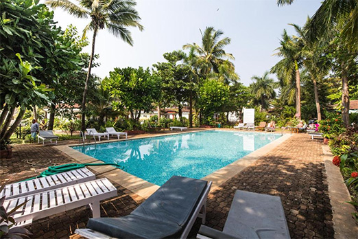 Poolside with palm trees and sun loungers